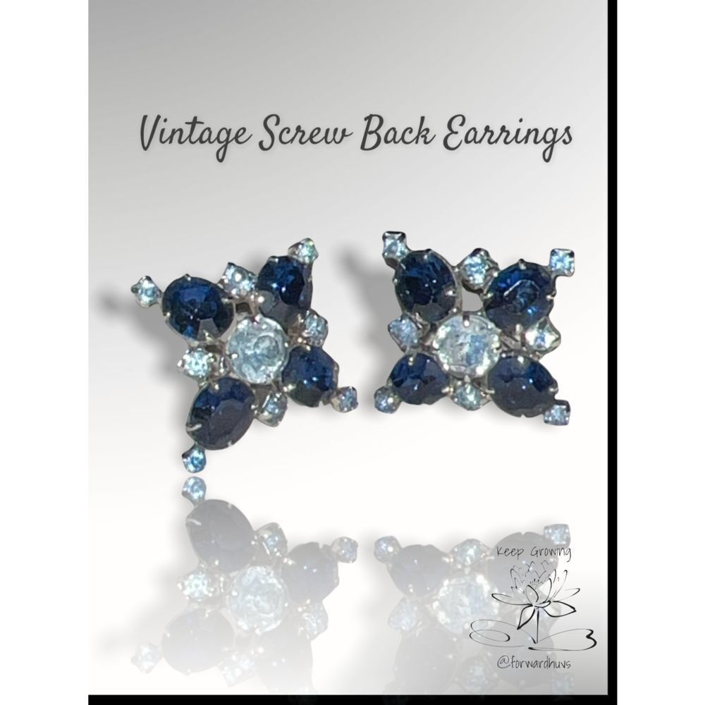 Vintage Silver Tone Blue Rhinestone Screw Back Earrings